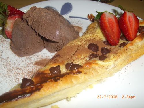 Pastry with cream cheese, strawberry and choc icecream