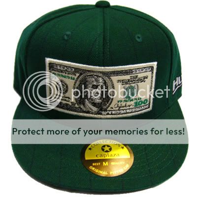 NEW HUSTLA HIPHOP FITTED CAP FLAT BILL 100 DOLLAR GREEN  