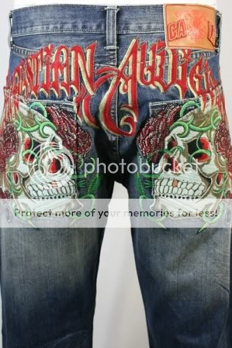 Christian Audigier Rhinestone Deadhead Rose Jeans Denim  