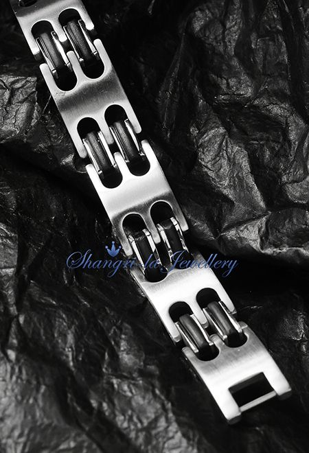 Stamped SOLID 316L STAINLESS STEEL WIDE MENS BRACELET BLACK RUBBER BAND MS5052